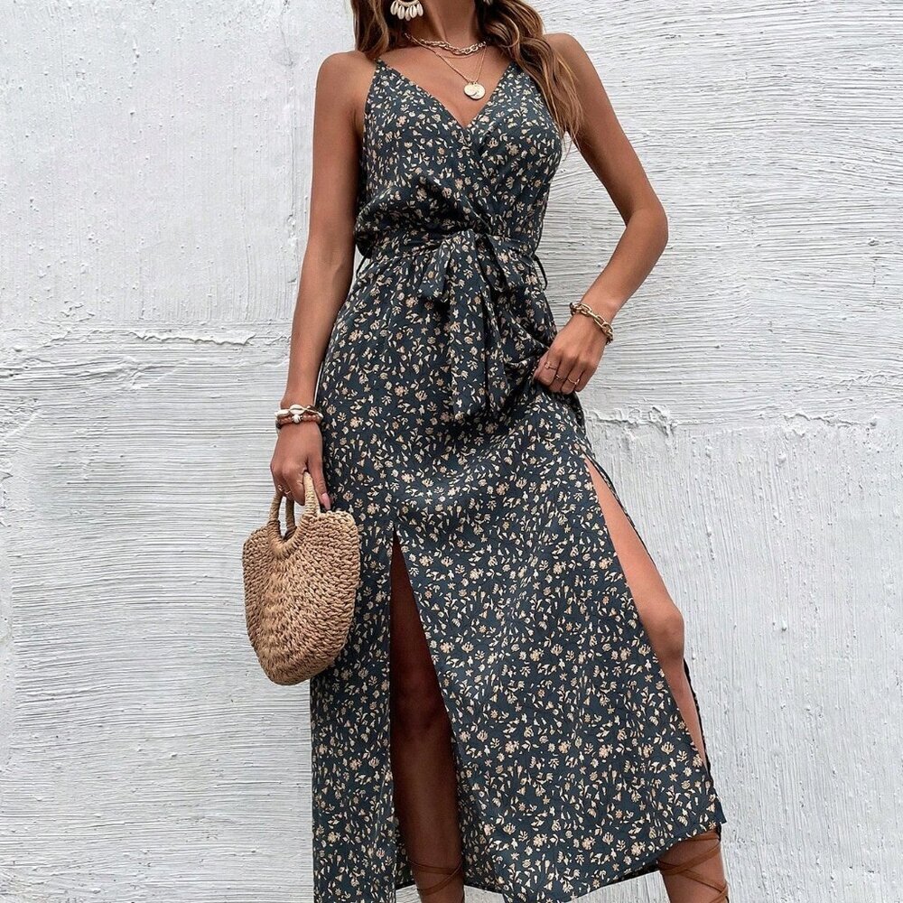 Dark Wash Boho Women's Floral Print Maxi Cami Dress with Double Side Slits